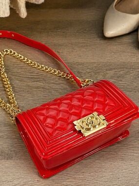 Jelly Toyboy Red Quilted Chain Crossbody Bag Glossy Statement Purse
